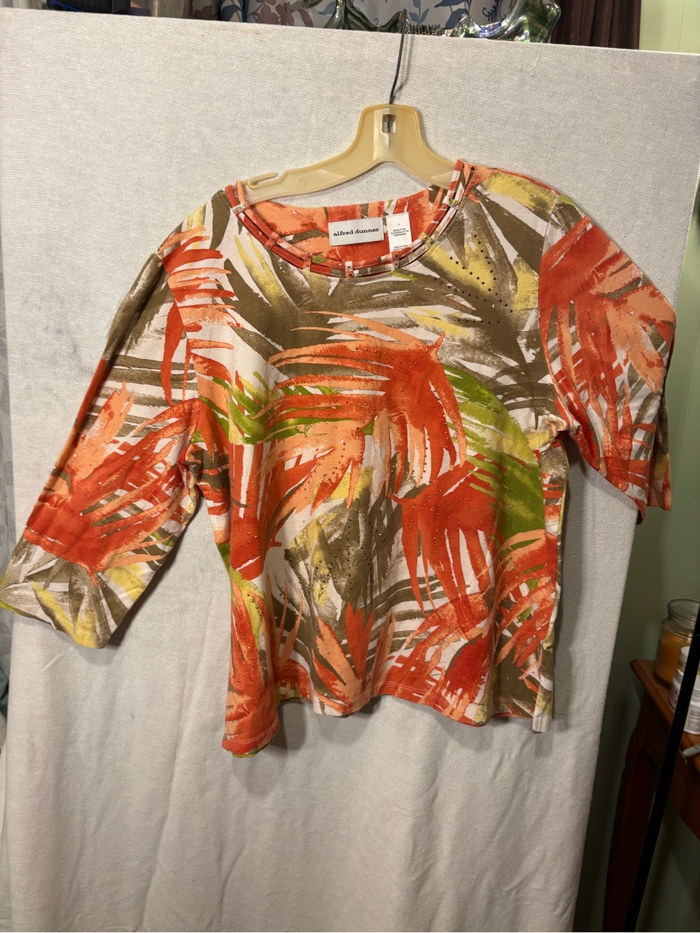 Alfred Dunner Palm-Print Long Sleeve Top - Orange, Green, Brown